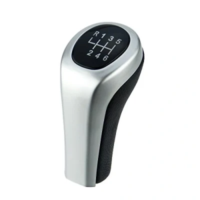 Image de L &amp; P a2761 Pommeau Bouton en cuir véritable Manette de vitesse Levier argent noir avec 6 vitesses comme Plug Play Notebook supplémentaire