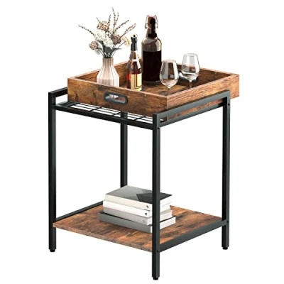 Image de HOOBRO Table de Chevet, d&#039;Appoint, Bout Canapé, Plateau Amovible et Étagère Rangement, Style Industriel, pour Salon, Chambre, Structure Stable, Marron Rustique EBF45BZ01