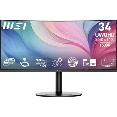 Image de MSI Modern MD342CQP Écran PC 34&#039;&#039; UWQHD incurvé 1500R Dalle VA 3440 x 1440, KVM, PIP/PBP, Large Gamme de Couleurs, Confort des Yeux, Haut parleurs intégrés, réglable sur 3 Axes HDMI 2.0b, DP 1.4a