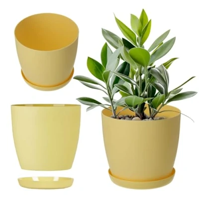 Image de KADAX Pot de Fleurs en Plastique avec Soucoupe et Finition Mate Élégante, Cache pour Une Décoration Intérieure Raffinée Moderne (18 cm, Jaune)
