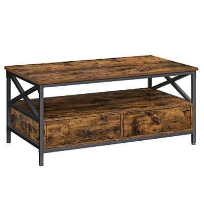 Image de VASAGLE Table Basse, de Salon, Buffet Bas, avec 2 Tiroirs et Un Compartiment Ouvert, Cadre en Acier Forme X, 100 x 55 45 cm, Style Industriel, Marron Rustique Noir LCT201B01