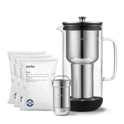 Image de Aarke Purifier, Carafe d&#039;eau Filtrante en Verre et Acier Inoxydable, 2.4L + Lot De 3 Sachets Recharge Filtres Pure