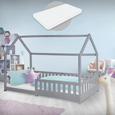 Image de ML Design Lit d&#039;Enfant en Forme Maison 90x200 cm Gris Clair avec Matelas à Mousse Froide Polyester, H:10 cm, Housse Amovible, Sommier Lattes, Bois de Pin Massif, Protection Anti Chutes