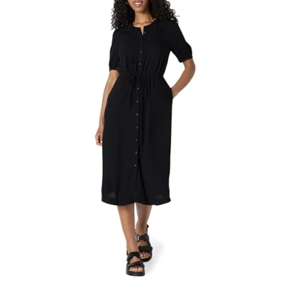 Image de Amazon Essentials Robe trapèze mi longue cintrée à coupe décontractée et manches longues Femme, Noir, XXL