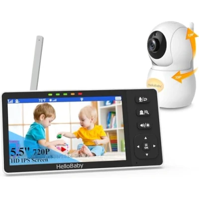 Image de HelloBaby Moniteur pour bébé avec écran divisé de 5,5 Pouces, caméra Surveillance HD IPS 1080p, sans WiFi, vidéo Pan Tilt Zoom, Conversation bidirectionnelle