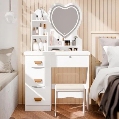 Image de tinysiry Coiffeuse de maquillage avec miroir en forme cœur, lumières LED, 4 tiroirs et étagères ouvrantes, blanc