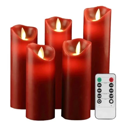 Image de YIWER Bougies sans flamme 5.5&quot;6&quot;6.5&quot;7&quot;8&quot;Ensemble de 5 piliers réels Les non en plastique LED et une télécommande à 10 touches avec 2/4/6/8 heures Fonction minuterie 200 heures(5,rouge)
