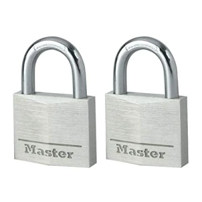 Image de Master Lock 9140EURT Lot de 2 Cadenas à Clé en Aluminium Massif, Gris, 4 x 5,9 1,3 cm