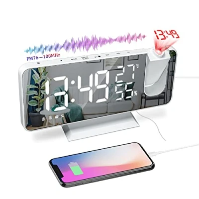 Image de Reveil Projecteur Plafond, Digital Rotatif 180 Réveil Numérique LED , Radio Projection Plafond avec Double Alarmes, Port de Chargement USB, Humidité Température Intérieure