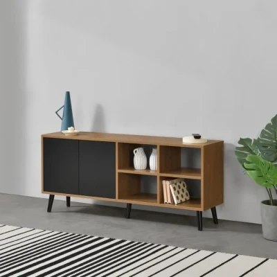 Image de [en.casa] Commode Design à 2 Portes Touche Lâche pour Chambre Meuble de Rangement avec Compartiments Fermés et Ouverts Capacité 20 kg Panneau Particules Bois 53 x 120 30 cm Effet Foncé Noir