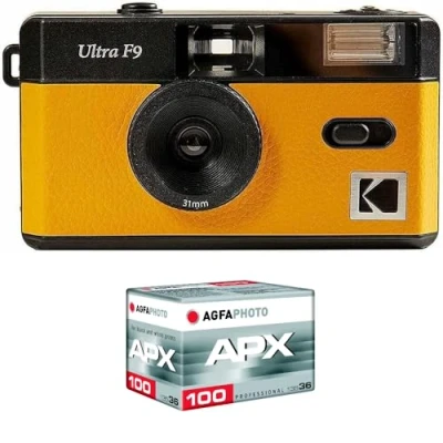 Image de KODAK Pack F9 Argentique + Pellicule 100 ASA Appareil Photo Rechargeable 35mm Jaune, Objectif Grand Angle Fixe, Viseur Optique, Flash Intégré APX 100, 36 Poses