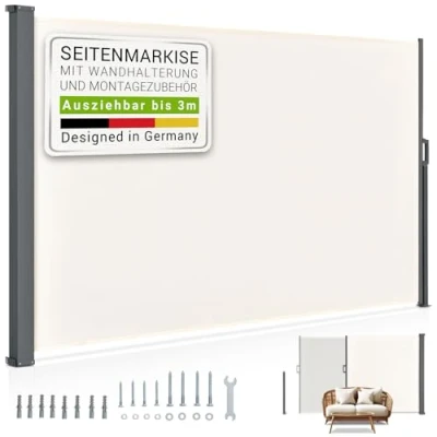 Image de Juskys paravent Dubaï 160 x 300 cm, Extensible et Opaque, Brise Vue &amp; Vent pour Balcon terrasse, avec Support Mural Beige