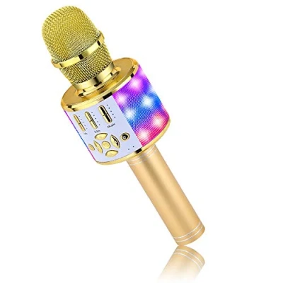 Image de BONAOK Microphone Bluetooth sans Fil, Micro Enfants avec Lumières LED, Mini Machine Karaoké pour Fête/Maison/Anniversaire, Compatible iOS Android (Or)