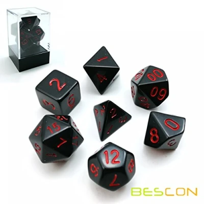 Image de Bescon Polyhedral Dice Set Opaque Black with Red Numbers, RPG of 7 d4 d6 d8 d10 d12 d20 d% Brick Box Pack