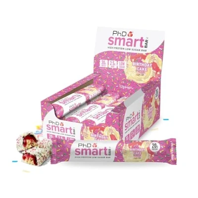 Image de PhD Nutrition Smart Bar Barre Protéinée Gâteau d&#039;Anniversaire 12 x 64g Snack Riche en Protéines avec 20g de et Peu Sucre, macro favorable