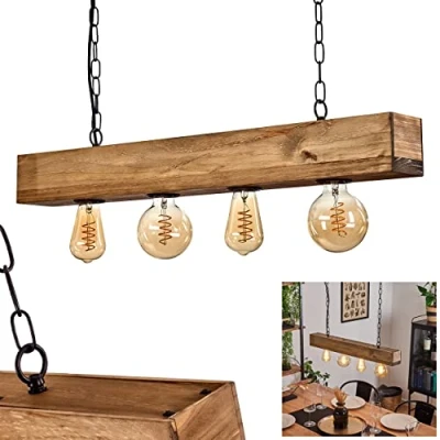 Image de Suspension Berat, lampe en métal noir et bois brun foncé, luminaire idéal dans un séjour vintage, 4x E27 ampoule(s) non incluse(s)