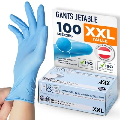 Image de Gants nitrile jetables non poudrés H&amp;S (100 pièces), S Small M Medium L Large XL X Large, sans latex, convient pour aliments, dermophile et bien tolérée les peaux sensibles (bleu, XL)