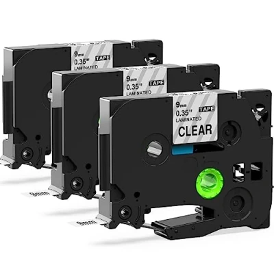 Image de MarkField 3x TZ121 9mm Clear Ruban Compatible avec Brother P Touch TZ TZe 121 0.35 étiquette, pour PT H105 H107 H200 H101C 1000 D400 D200 Cube, noir sur transparent, x 8m