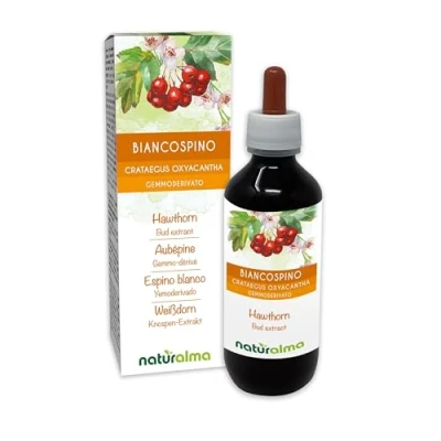 Image de Aubépine (Crataegus oxyacantha ou C. laevigata) Gemmo dérivé sans alcool à base de bourgeons frais Naturalma Extrait liquide gouttes 200 ml Complément alimentaire Végétalien végan