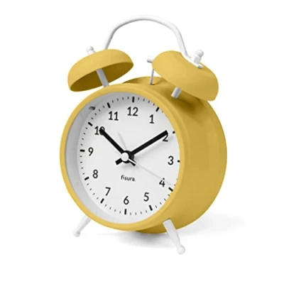 Image de fisura. Réveil Matin Jaune et Blanc. Reveil Analogique avec veilleuse à LED. Silencieux sans Tic Tac. Cadran de 9 centimètres. Dimensions : 11,7x5,5x16. en Métal ABS