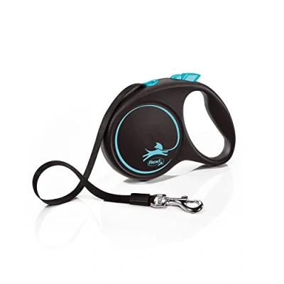 Image de Flexi, Laisse Modèle Black Design, Version Sangle, Forme Moderne et Ergonomique, Système de Guidage perfectionné, à Enrouleur, Made in Germany, Black/Blue, M 5m