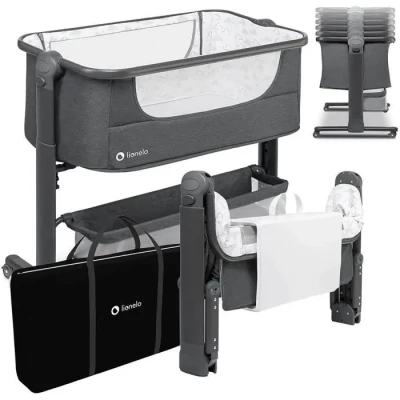 Image de lionelo Timon lit de Voyage pour bébé la Naissance a 9 kg, paroi latérale Enroulable, réglable en Hauteur, Panier spacieux, Pliable à Une Taille compacte, Sac Portable (Gris)