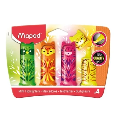 Image de Maped 4 Surligneurs Fluo’Peps MINI CUTE Petits de Poche Originaux en forme d&#039;Animaux coloris : vert, orange, rose et jaune