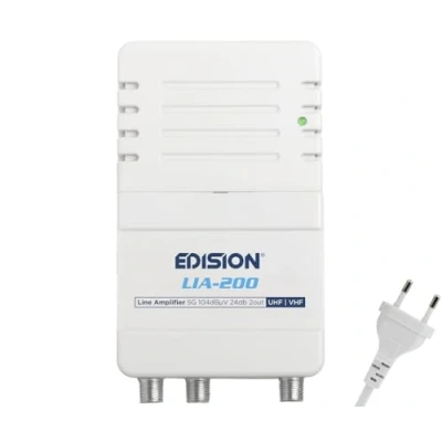 Image de EDISION LIA 200 Amplificateur Antenne TV TNT intérieur d&#039;appartement UHF/VHF, 12 24db Réglable, 104dBmV, pour Numérique Terrestre DVB T/T2, avec Filtre 5G LTE, 1 entrée, 2 Sorties