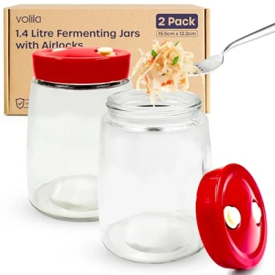 Image de volila Bocal Fermentation Bocaux en Verre de 1,4L avec Sas Paquet 2 Couvercle Évent à 1 Voie pour Kimchi, Kombucha, &amp; Levain
