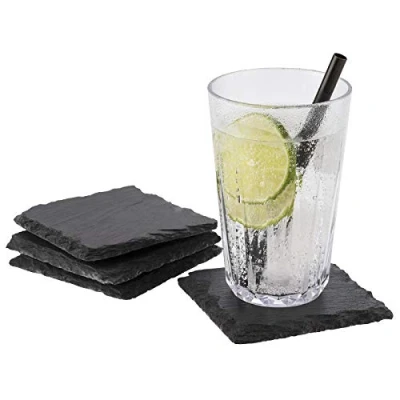 Image de APS Assiettes en ardoise naturelle 10x10cm, lot de 4 Dessous table/verre carrés avec pieds antidérapants