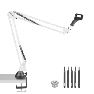Image de NEEWER Bras de Suspension pour Micro, Support Bureau avec Vis 3/8&quot; à 5/8&quot;, Attaches Câble Compatibles Blue Yeti Snowball X Quadcast, Charge Maximale 3,3 LB/1,5kg, NW 35, Blanc