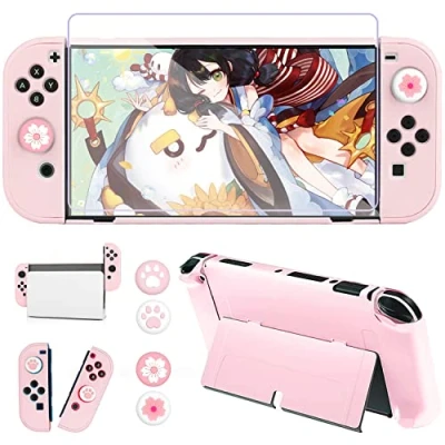 Image de OLDZHU Coque Rose Compatible avec Nintendo Switch OLED,Coque de Protection Ultra Fine Étui pour Console NS OLED et Contrôleur,avec Ecran Verre Trempé 4 Poignées Couvre Pouce