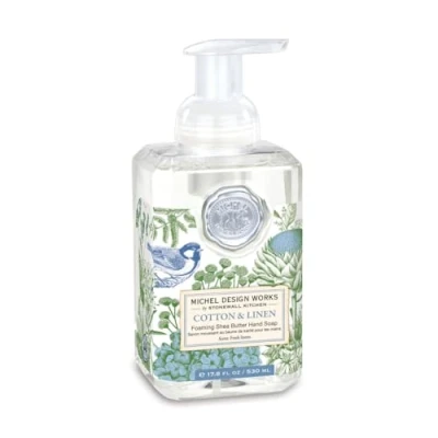 Image de MICHEL DESIGN WORKS 0 savons moussants pour les mains, 17,8 oz, parfum et lin, beurre de karité mélange d&#039;aloe vera, beau récipient carré avec pompe