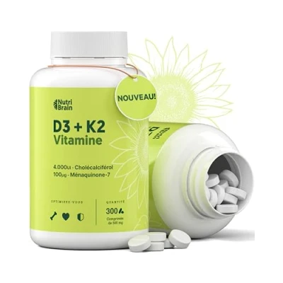 Image de Vitamine D3 et K2 4000UI 300 Comprimés 10 Mois Premium : MK 7 100% All Trans Biodisponibilité Maximale Soutient les Os, le Système Immunitaire Cœur