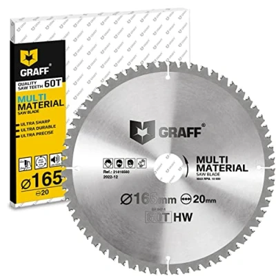 Image de GRAFF Lame de Scie Circulaire Bois 165 x 20 pour Métal Aluminium Stratifié Plastique Sans Fil à Tronçonner Rechange Table Disque Tronçonnage Multimatérie