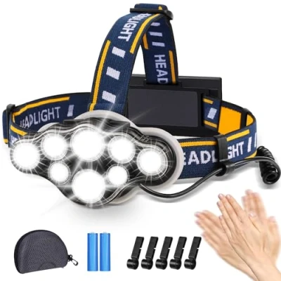 Image de Lampe Frontale LED Rechargeable, Ultra Puissante à 8 Del de 18000 Lumens, Torche Étanche et Léger, Parfait pour Le Camping, la Pêche, Cave, Jogging Randonnée