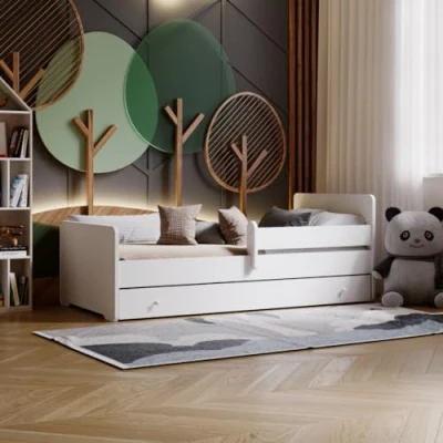 Image de KOBI Lit Enfant Max Blanc 160x80 avec tiroir, Balustrade et Matelas pour Filles garçons Chambre d&#039;enfant