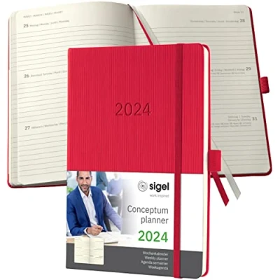 Image de SIGEL C2464 Agenda semainier 2024, A5, couverture rigide, rouge Conceptum
