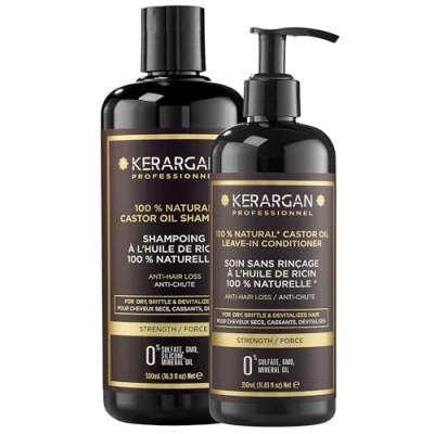 Image de Kerargan Duo Anti Chute Shampoing et Soin Sans Rinçage à l&#039;Huile de Ricin Pour Cheveux Secs, Cassants Dévitalisés Fortifie Stimule Sulfate, Paraben Silicone 500ml + 350ml