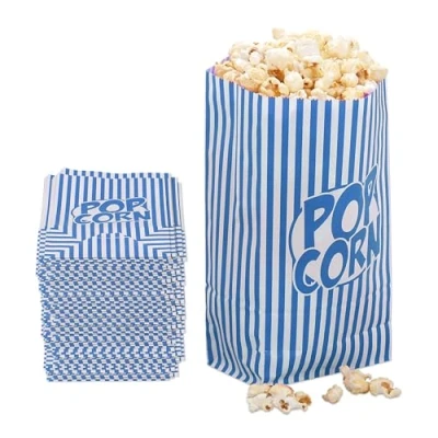 Image de Relaxdays Sachets à Popcorn, Lot de 144, rayés, Petits Sacs, pour soirée Film, en Papier, Style rétro, Bleu/Blanc