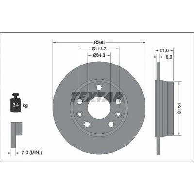 Image de TEXTAR 92337703 Disque de frein 260 8 05/07 114,3 plein revêtu sans roulement roue, boulon fix moyeu roue