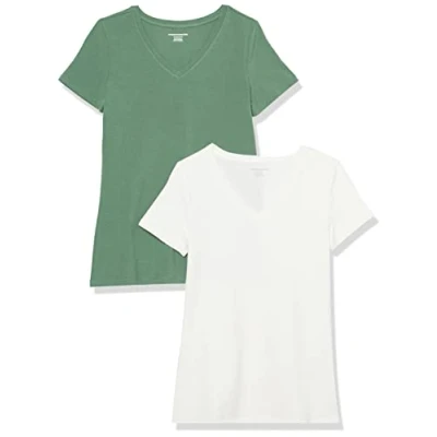 Image de Amazon Essentials T Shirt Col en v à Manches Courtes Coupe Classique Femme, Lot de 2, Vert Sauge/Blanc, XS