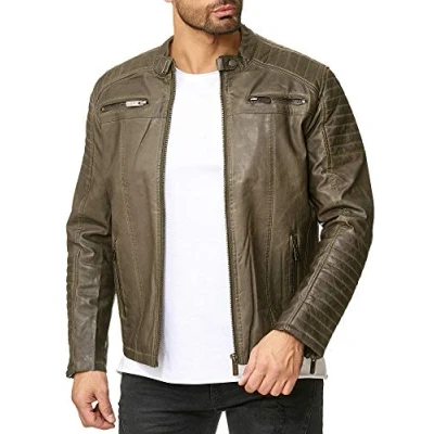 Image de Red Bridge Hommes Veste Simili Cuir Côtelé Véritable Blouson Transition Moto Coton Vestes, Kaki Similicuir, M