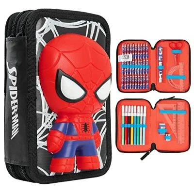 Image de Marvel Trousse Scolaire Garcon, Compartiments Garnie Fourniture Scolaire, Feutre, Crayon de Couleur, Cadeau Spiderman Avengers Rentrée Primaire (3D Spiderman)