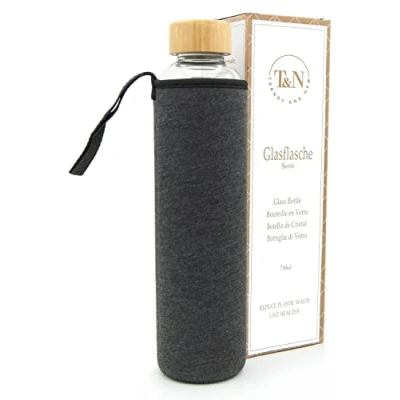 Image de T&amp;N Bouteille En verre de 750 ml Gourde 0,75l avec housse néoprène d&#039;eau anti fuite borosilicate plus épais pour boissons gazeuses Utilisation comme carafe