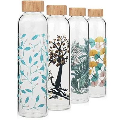 Image de Cleesmil Bouteille d&#039;eau en verre borosilicate sans BPA avec manchon néoprène 1000 ml/1 litre (feuille)