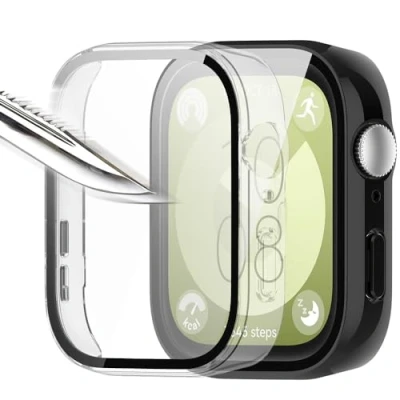 Image de Msiall [2 pièces noir Transparent avec Film de protection d&#039;écran en verre trempé pour HUAWEI Watch Fit 3, étui PC dureté 9H, pare chocs, complet mince