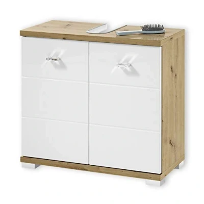 Image de Stella Trading POOL meuble sous lavabo salle de bain en look chêne artisan, blanc vasque moderne avec beaucoup d&#039;espace rangement 60 x 52 30 cm