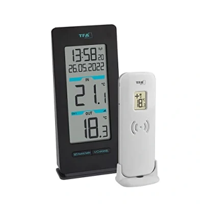 Image de TFA Dostmann Thermomètre numérique Buddy, 30.3072.01, température ext./int., émetteur sans fil, horloge radio pilotée avec fuseau horaire, noir