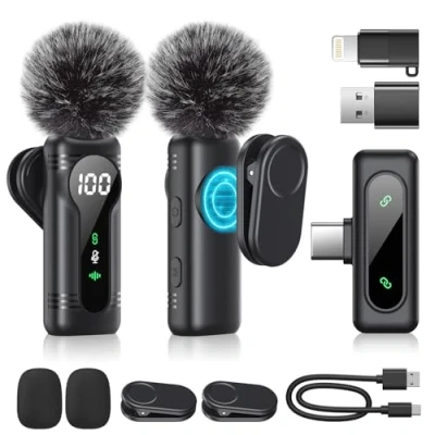Image de Microphone de Lavalier sans fil à pince Plug &amp; Play avec appairage automatique, support magnétique, suppression du bruit, pour iPhone, Android, appareils USB C, YouTube, podcast et enregi